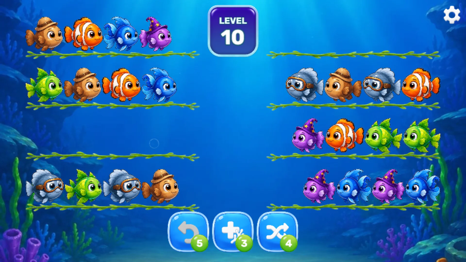 Fish Sort level 10 gameplay in landscape orientation