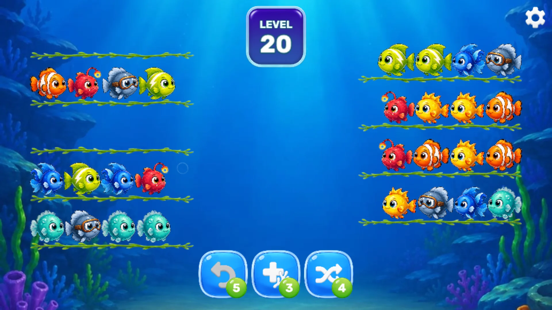 Fish Sort level 20 gameplay in landscape orientation