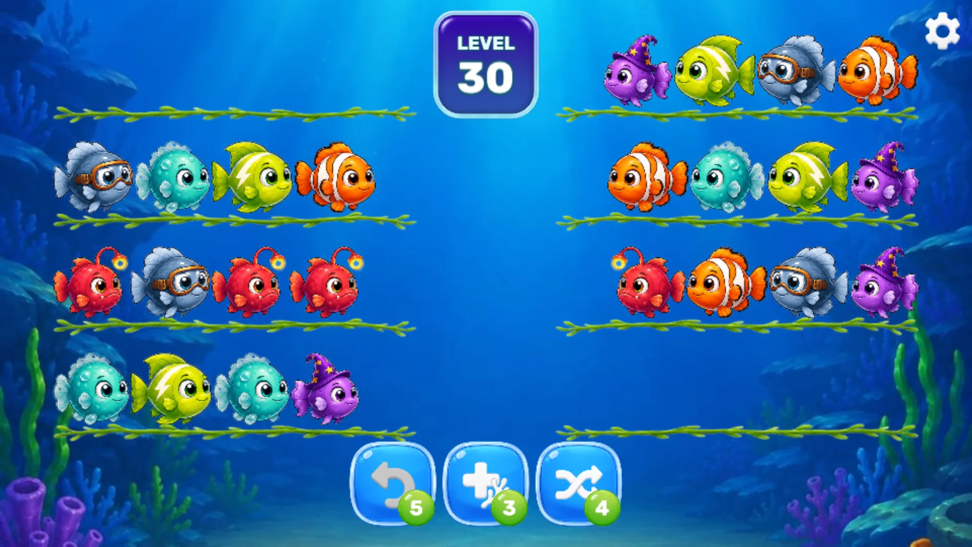 Fish Sort level 30 gameplay in landscape orientation