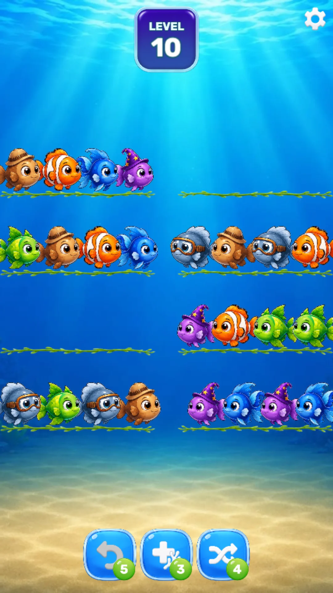 Fish Sort level 10 gameplay in portrait orientation
