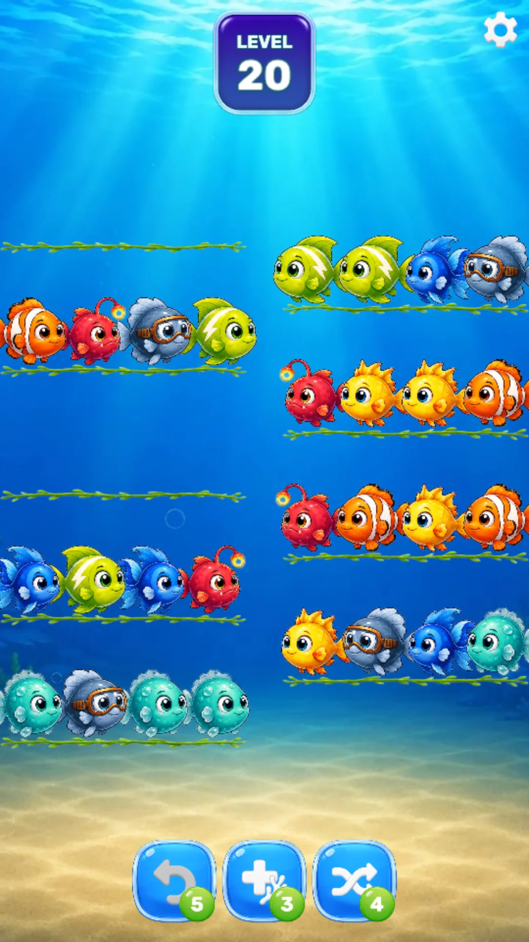 Fish Sort level 20 gameplay in portrait orientation