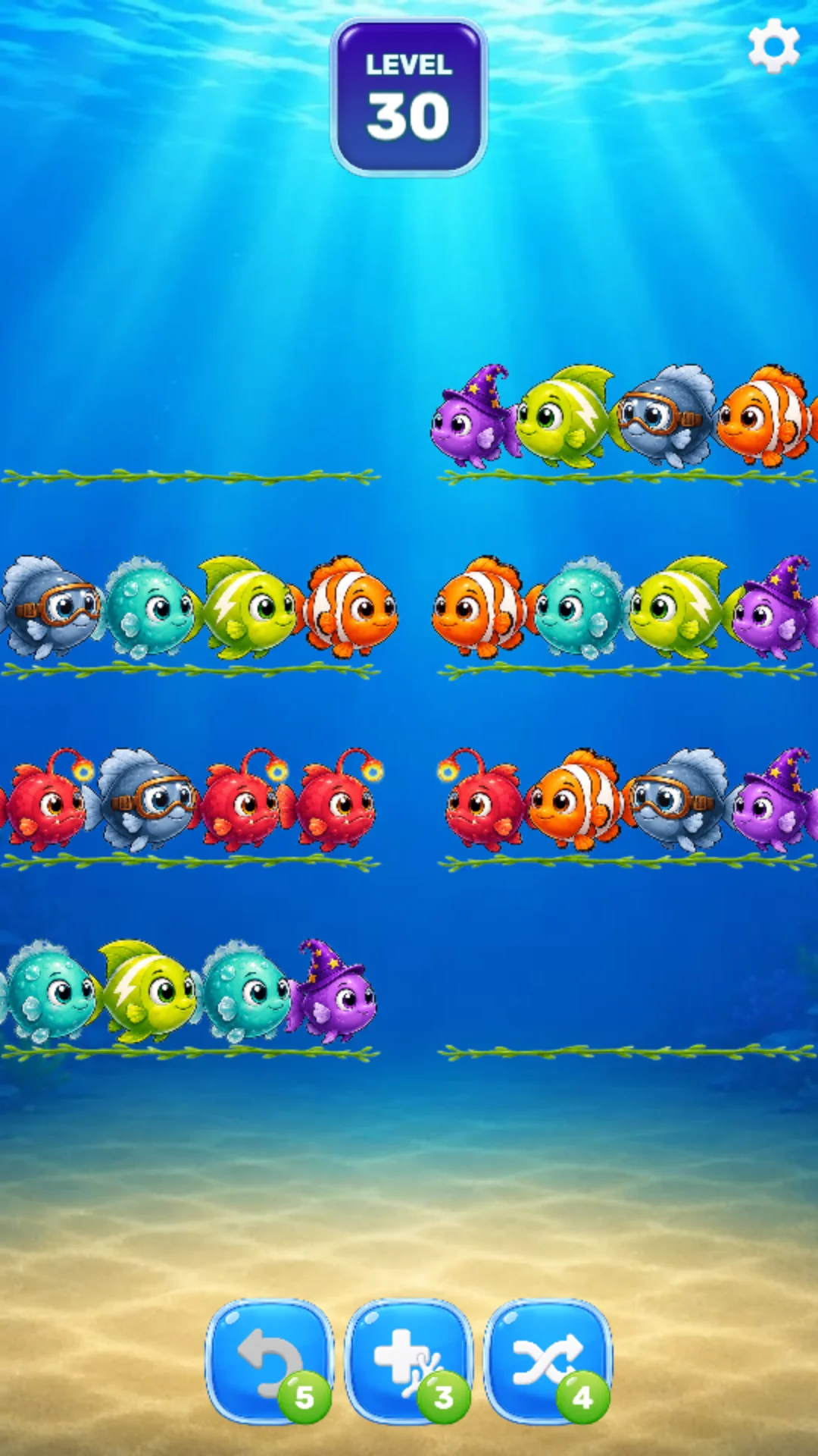 Fish Sort level 30 gameplay in portrait orientation