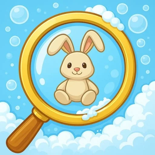 Foam and Find game icon with a young detective holding a magnifying glass