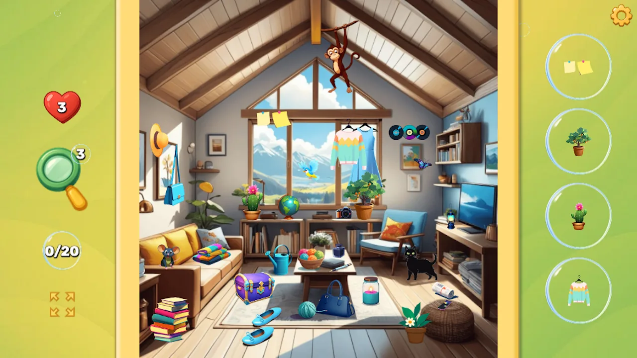 Foam and Find hidden-object gameplay in a bright attic in landscape orientation