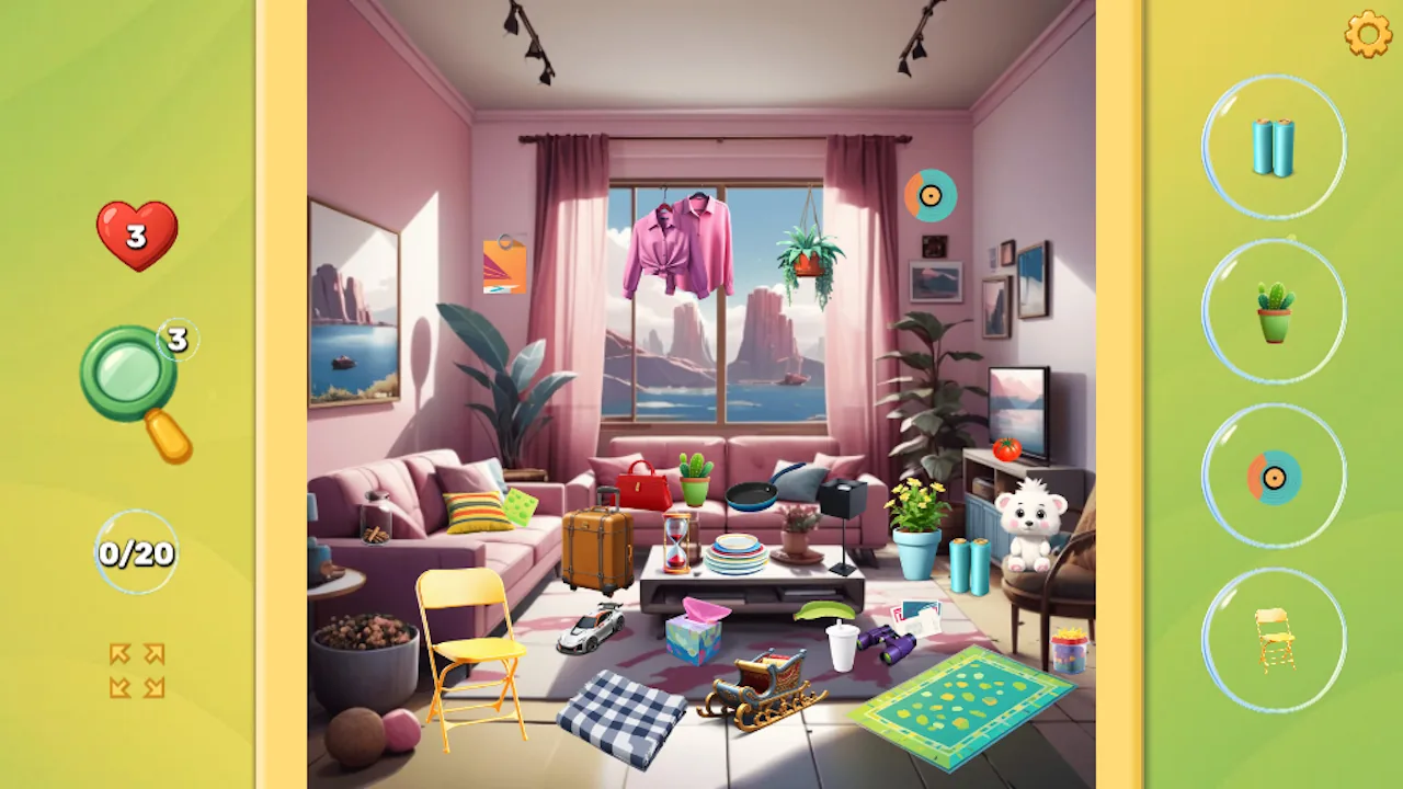Foam and Find hidden-object gameplay in a colorful bedroom in landscape orientation