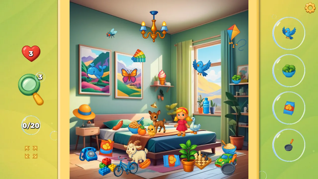 Foam and Find hidden-object gameplay in a playroom in landscape orientation