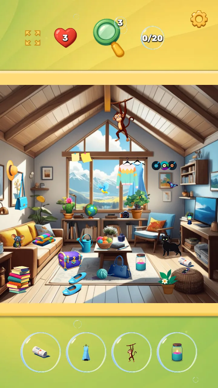 Foam and Find hidden-object gameplay in a bright attic in portrait orientation