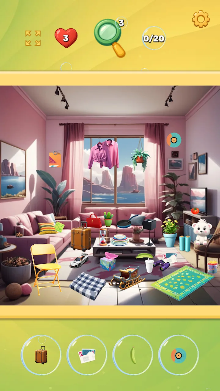 Foam and Find hidden-object gameplay in a colorful bedroom in portrait orientation