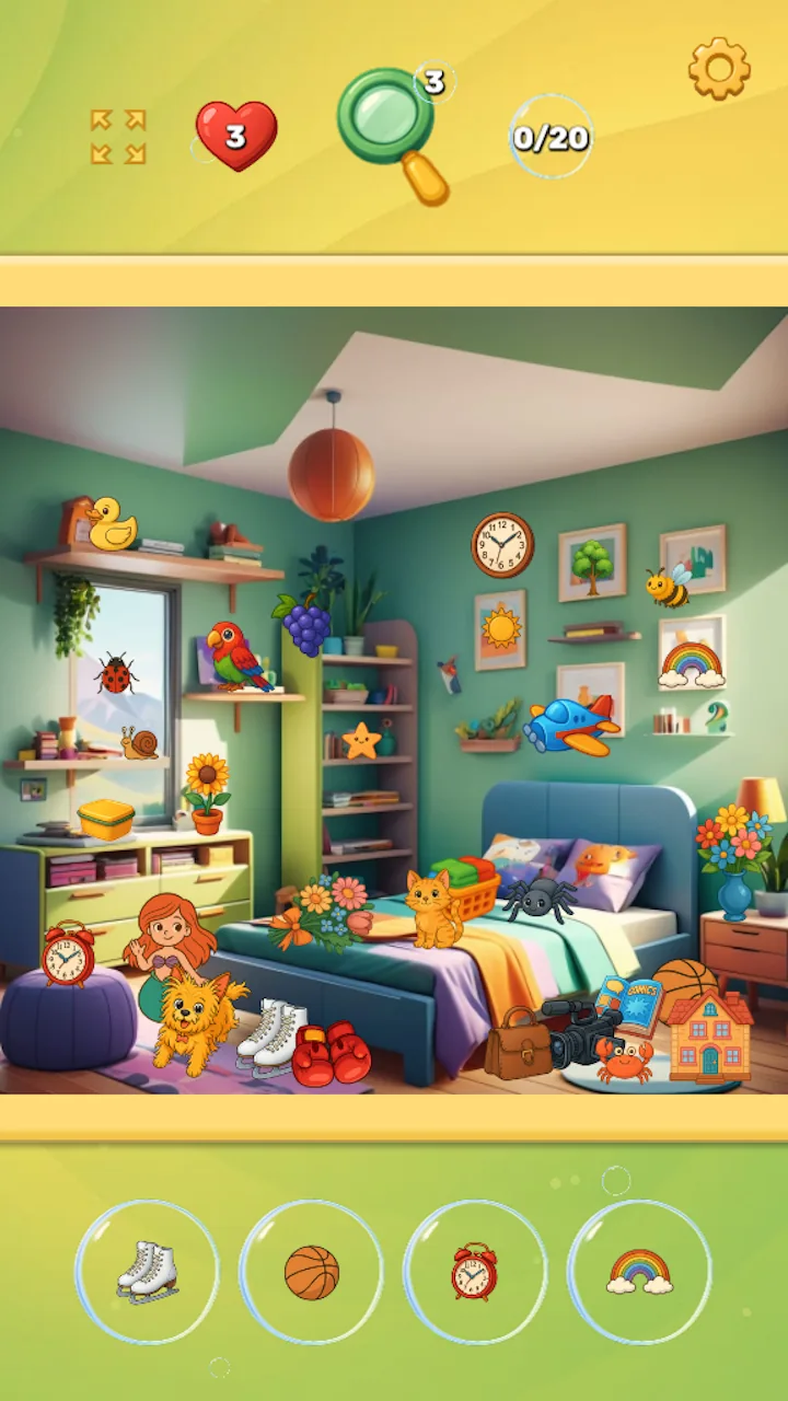 Foam and Find hidden-object gameplay in a playroom in portrait orientation