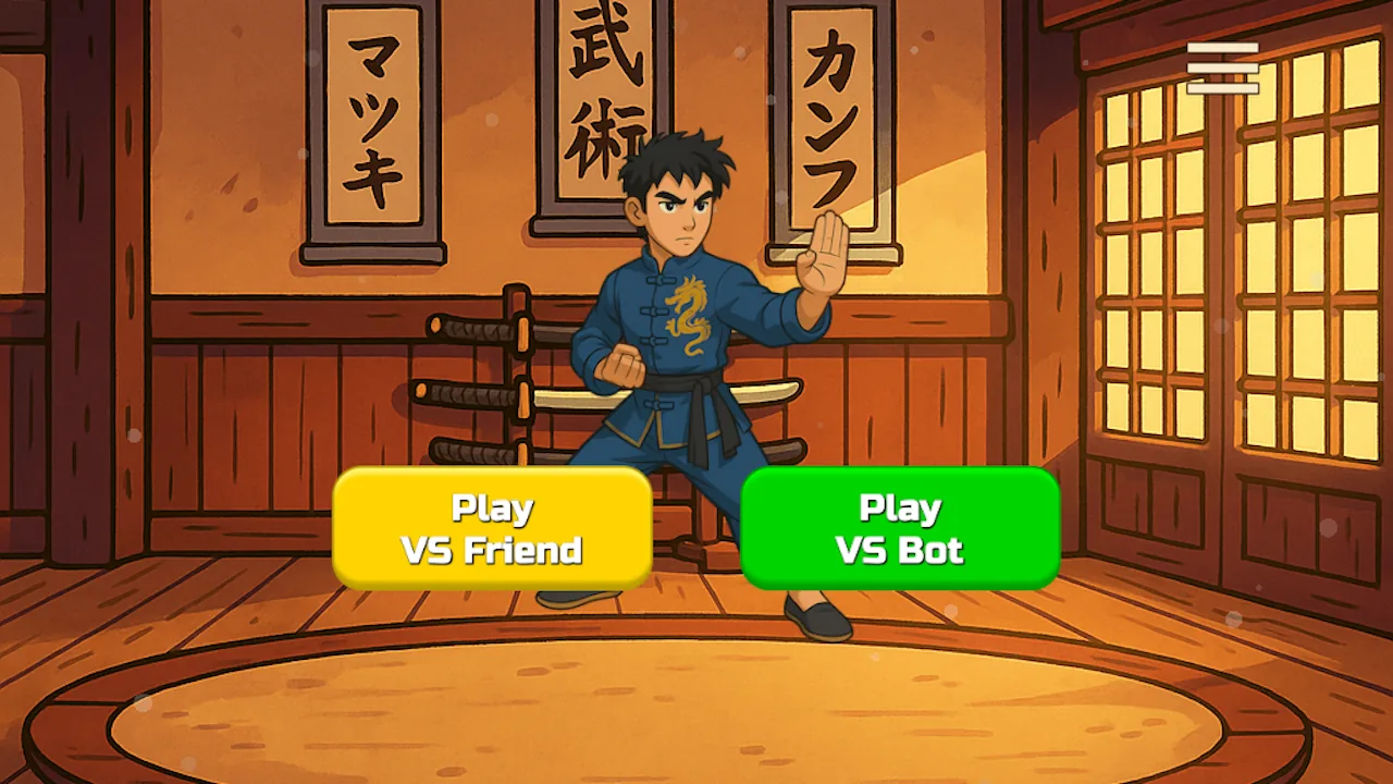 Match Fighter mode selection with friend and bot options in landscape orientation