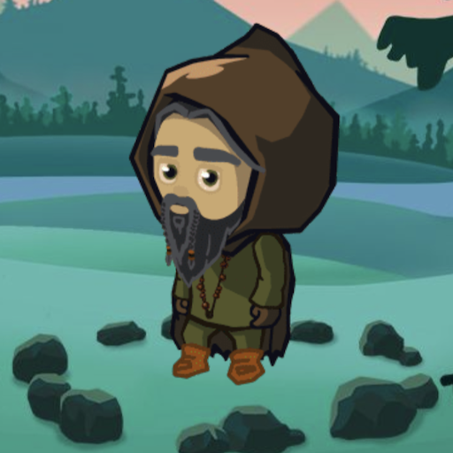 Shaman's Way icon with a hooded shaman standing by a mountain lake
