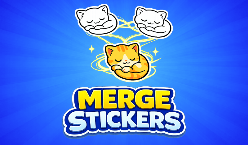 Stickers Merge game cover with sticker books and bright collectible stickers